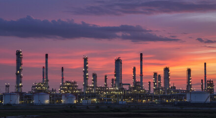 Industrial Refinery at Sunset: Illuminated Structures Against Vibrant Sky.