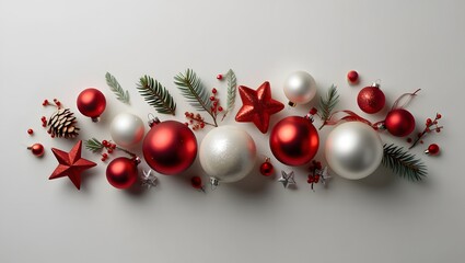 Christmas ornaments and decorations flat lay on white background holiday season design