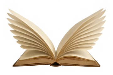 Book pages spreading like wings, embodying knowledge, imagination, transformative learning against transparent backdrop