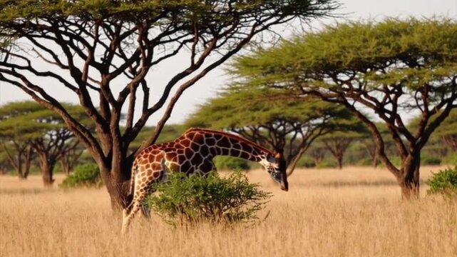 A giraffe walking gracefully in African savanna among a tropical trees, 4K