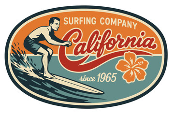 Vintage California surf company logo with a surfer and hibiscus flower. Modern flat vector sticker label with icon and badge style, transparent background