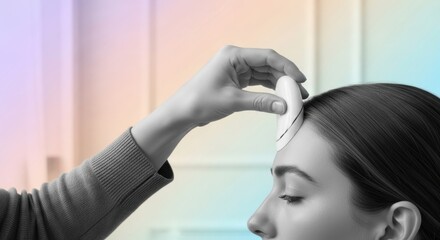 Fototapeta premium Female using handheld facial massager on forehead in soft pastel background