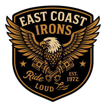 The East Coast Irons motorcycle club logo features an eagle, pistons, and classic design elements. Vintage vector emblem badge patch, retro design, transparent background
