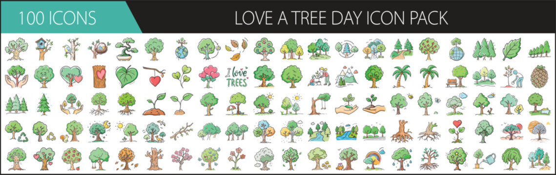 100 Tree-Themed Icons for Love a Tree Day - Vector set of 100 icons celebrating Love a Tree Day, featuring trees, forests, hearts, leaves, saplings, roots, and nature-friendly symbols. - Powered by Adobe