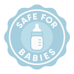 A badge proclaiming a product is safe for babies, featuring a baby bottle symbol. Modern flat vector sticker label with icon and badge style, transparent background