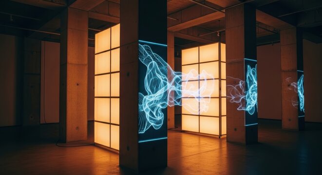 Futuristic digital light art installation with neon patterns in dark industrial space