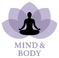 A serene illustration of a person meditating in front of a lotus flower, focusing on mind and body wellness. Modern flat vector sticker label with icon and badge style, transparent background