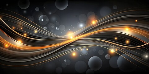 An abstract dark background with flowing golden and silver lines, illuminated by glowing lights and bokeh effects