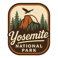 Vintage Yosemite National Park emblem with eagle, mountains, and trees. Vintage vector emblem badge patch, retro design, transparent background