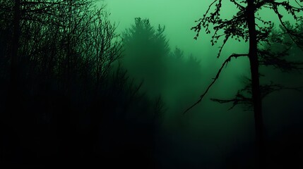 Mysterious Green Foggy Forest Landscape