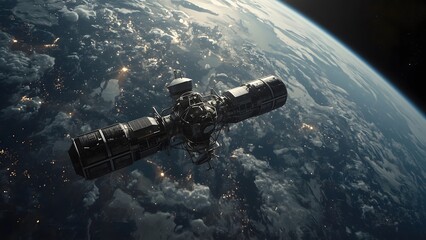 Fototapeta premium A Satellite Orbiting Earth Amid Twinkling Stars 