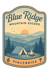 This vintage illustration shows a camping scene in the Blue Ridge Mountains. Vintage vector emblem badge patch, retro design, transparent background