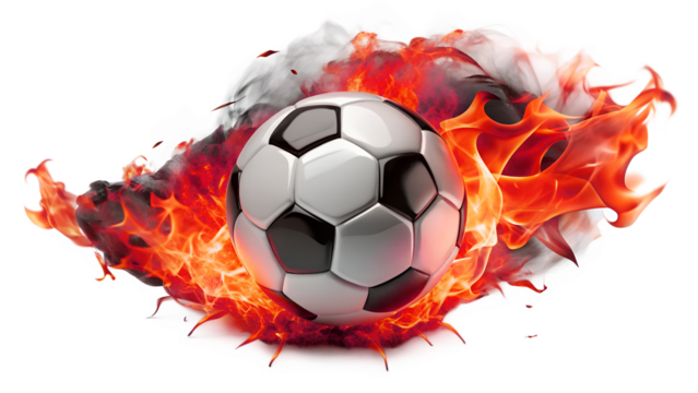 A soccer ball engulfed in flames and smoke, symbolizing intense play isolated on transparent background