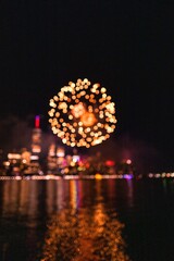 Out of focus shot of fireworks and New York City