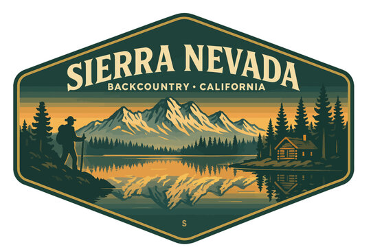 A vintage-style illustration of the Sierra Nevada mountains featuring a hiker, lake, and cabin. Vintage vector emblem badge patch, retro design, transparent background