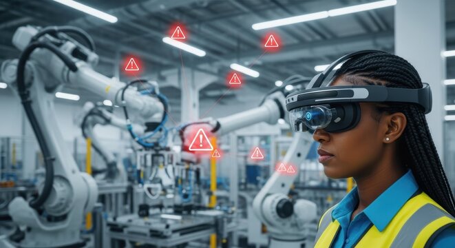 Young african female engineer using ar glasses in automated factory robotics control