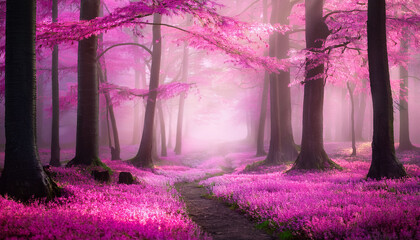 mystical pink forest with pink trees pink fog and pink sunlight filtering through