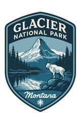 Vintage emblem of glacier national park in montana with a mountain goat and lake view. Vintage vector emblem badge patch, retro design, transparent background