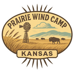 The prairie wind camp logo showcases the beauty of the Kansas landscape. Vintage vector emblem badge patch, retro design, transparent background