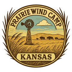 The Prairie Wind Camp logo showcases Kansas's landscape with bison and a windmill. Vintage vector emblem badge patch, retro design, transparent background