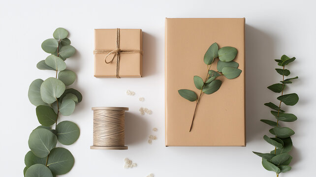 Eco-Friendly Flat Lay with Kraft Gift Boxes, Greenery, and Twine on White Background