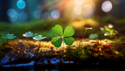 this evocative scene presents a four leaf clover caught in prismatic reflections celebrating the mystical essence of st patrick s day as soft light and moss textures deepen its charm