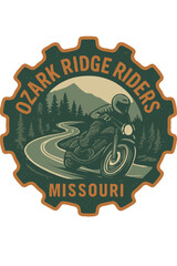 Vintage logo of a motorcyclist riding through the Ozark Ridge mountains in Missouri. Vintage vector biker emblem badge patch, retro design, transparent background