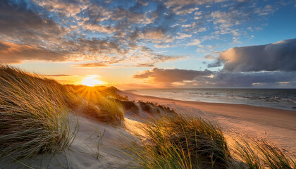 serene coastal dunes in gentle breeze with dynamic cloud movement at sunset