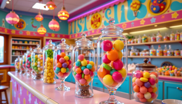 Vibrant candy shop filled with colorful sweets and jars