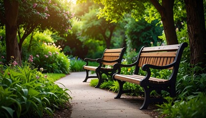 Park benches in a sunlit garden