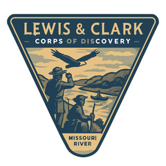 This vintage illustration depicts the Lewis & Clark expedition along the Missouri River with an eagle soaring overhead. Vintage vector emblem badge patch, retro design, transparent background