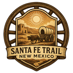 The Santa Fe Trail is depicted with a wagon, ox, and desert scenery. Vintage vector emblem badge patch, retro design, transparent background