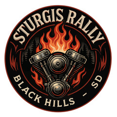 The Sturgis Rally logo showcases a motorcycle engine engulfed in flames, a bold design. Vintage vector biker emblem badge patch, retro design, transparent background