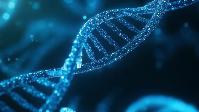 A detailed close-up of a digitally rendered DNA double helix, depicted in vibrant blue with glowing particulate matter, set against a dark, bokeh-filled background. 