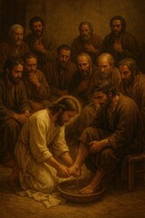 Fototapeta premium Biblical scene of Jesus washing disciple's feet showing humble service