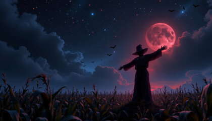 Mysterious figure in dark field under red moon