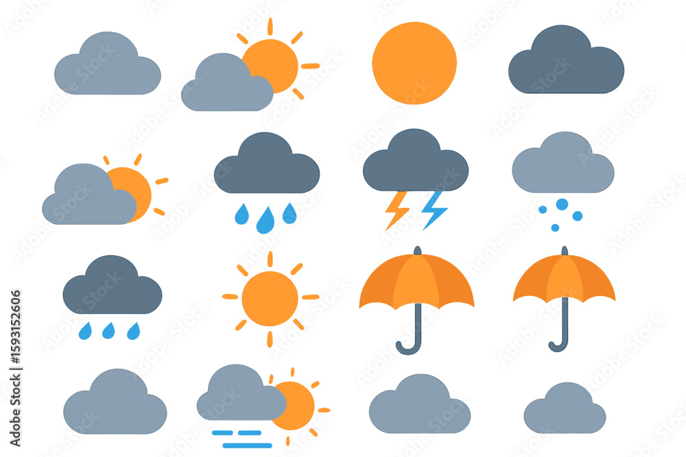 Poster a set of vector icons, including a weather forecast outline, presented in a thin line style and coll