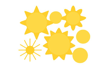 Collection of yellow sun star icons, including a sun icon set, representing summer, sunlight, nature, and sky, as a vector illustration isolated on a white background