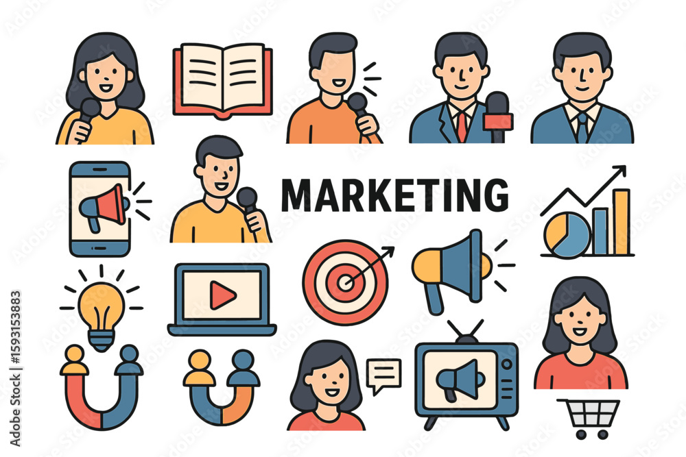 Poster a set of digital marketing icons in line style is available for web and mobile applications, coverin