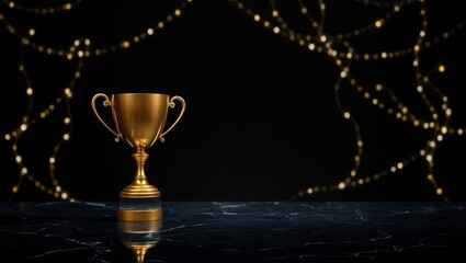 A Classic Golden Trophy Stands Proudly on a Dark Reflective Surface Surrounded by Twinkling Golden Lights Creating a Festive Celebratory Atmosphere for Achievement and Recognition