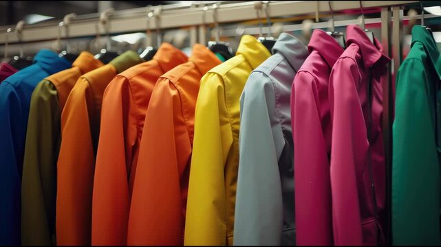 A large hanger with new colorful jackets.