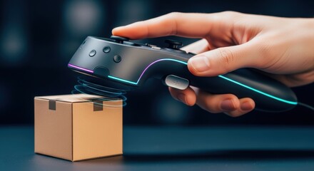 Female hand hovering game controller over box with holographic effect