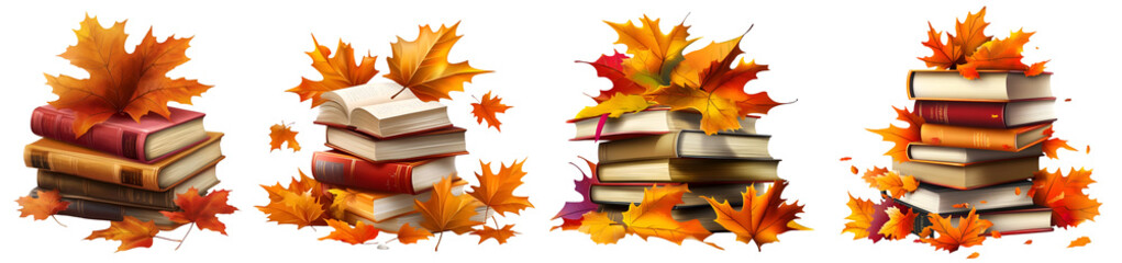 Set of stack of autumn books with falling leaves and seasonal decorations isolated on white