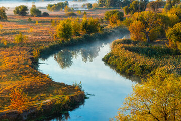 Aerial view of picturesque autumn landscape with river. Deciduous trees and yellow grass on meadow and banks. Nature of Ukraine in the countryside