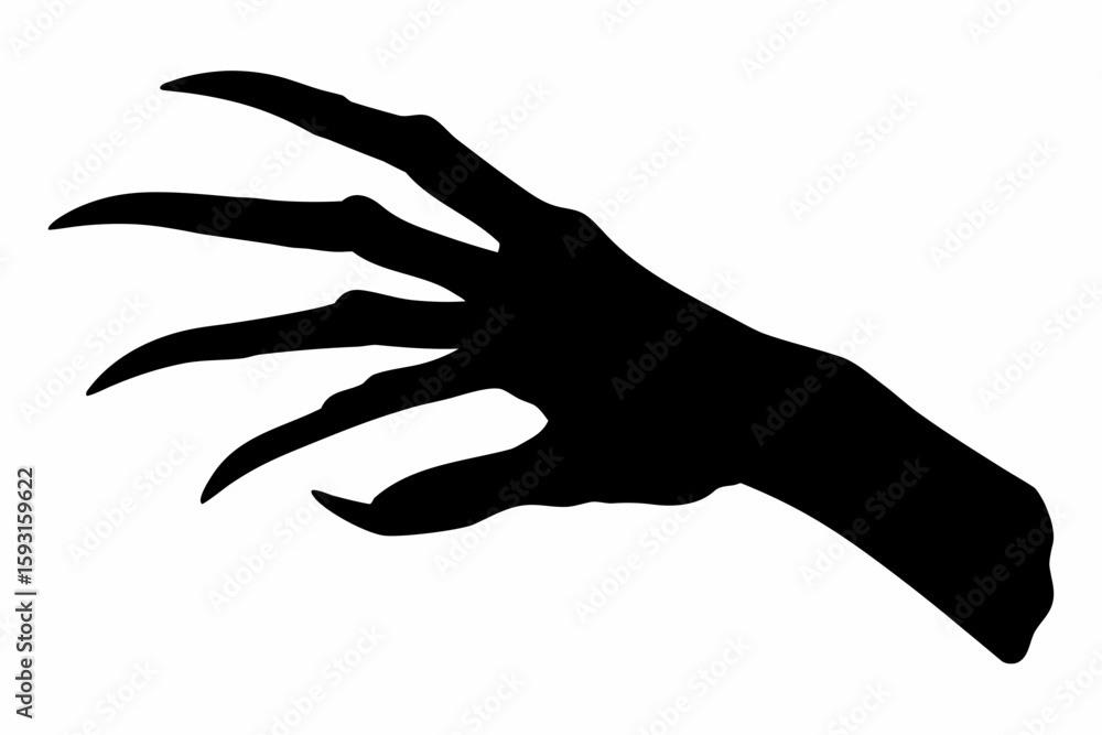 Poster silhouette of a clawed hand with long sharp fingers extending diagonally across a white background s