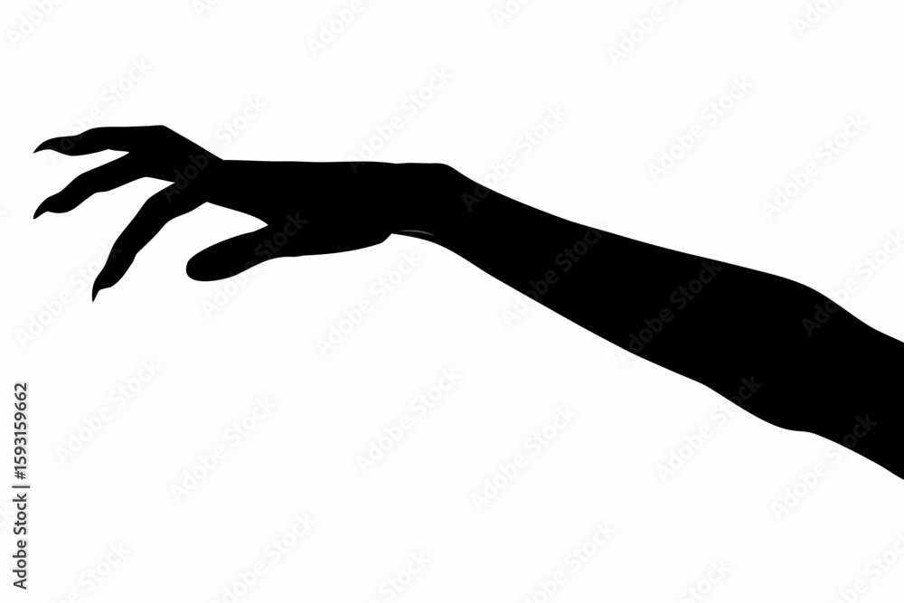 Poster silhouette of a reaching hand with long sharp fingernails against a white background artistic image 