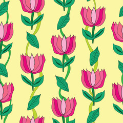 pink roses with leaves and branches on yellow background seamless pattern. pink roses with green leaves and herbs and shrubs seamless pattern. Pink florals with green leaves and bushes repeat pattern.