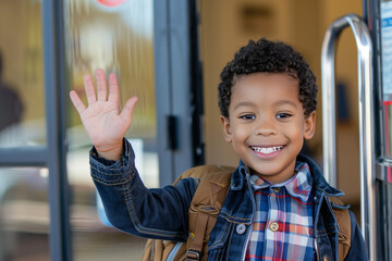 Kid Saying Goodbye for Back to School While Smiling and Waving from School Entrance During First Day Morning