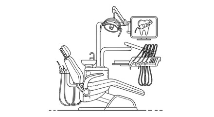 Dental clinic equipment: The image captures the detailed outline of dental equipment, showcasing the chair, the light, the display monitor with its teeth and other associated tool