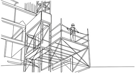 Construction Worker on Scaffolding: A skilled construction worker stands on scaffolding, overseeing a project with attention, emphasizing hard work and safety on a construction site. 